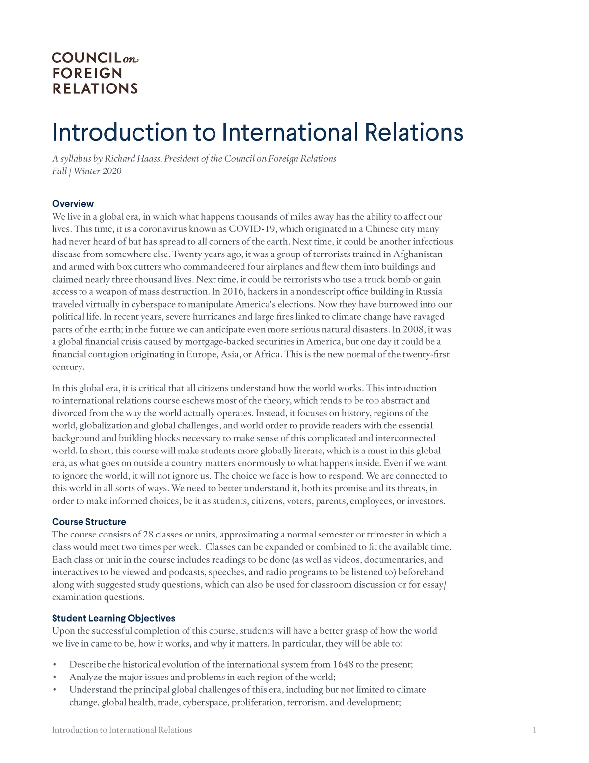 Cfr Worldsyllabus 080320 Az - Introduction To International Relations ...