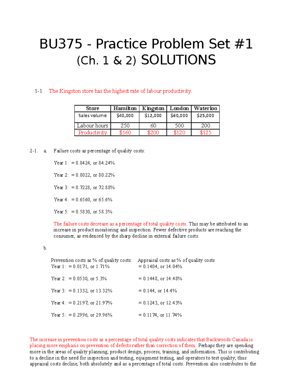 Practice Problem Set 1 (chapters 1 - 2) Solutions - BU375 - Practice ...