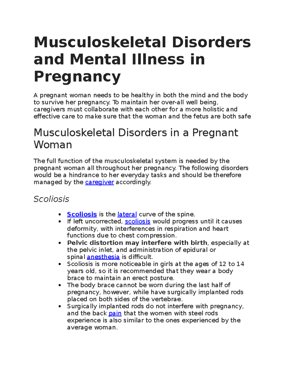 Musculoskeletal Disorders And Mental Illness In Pregnancy