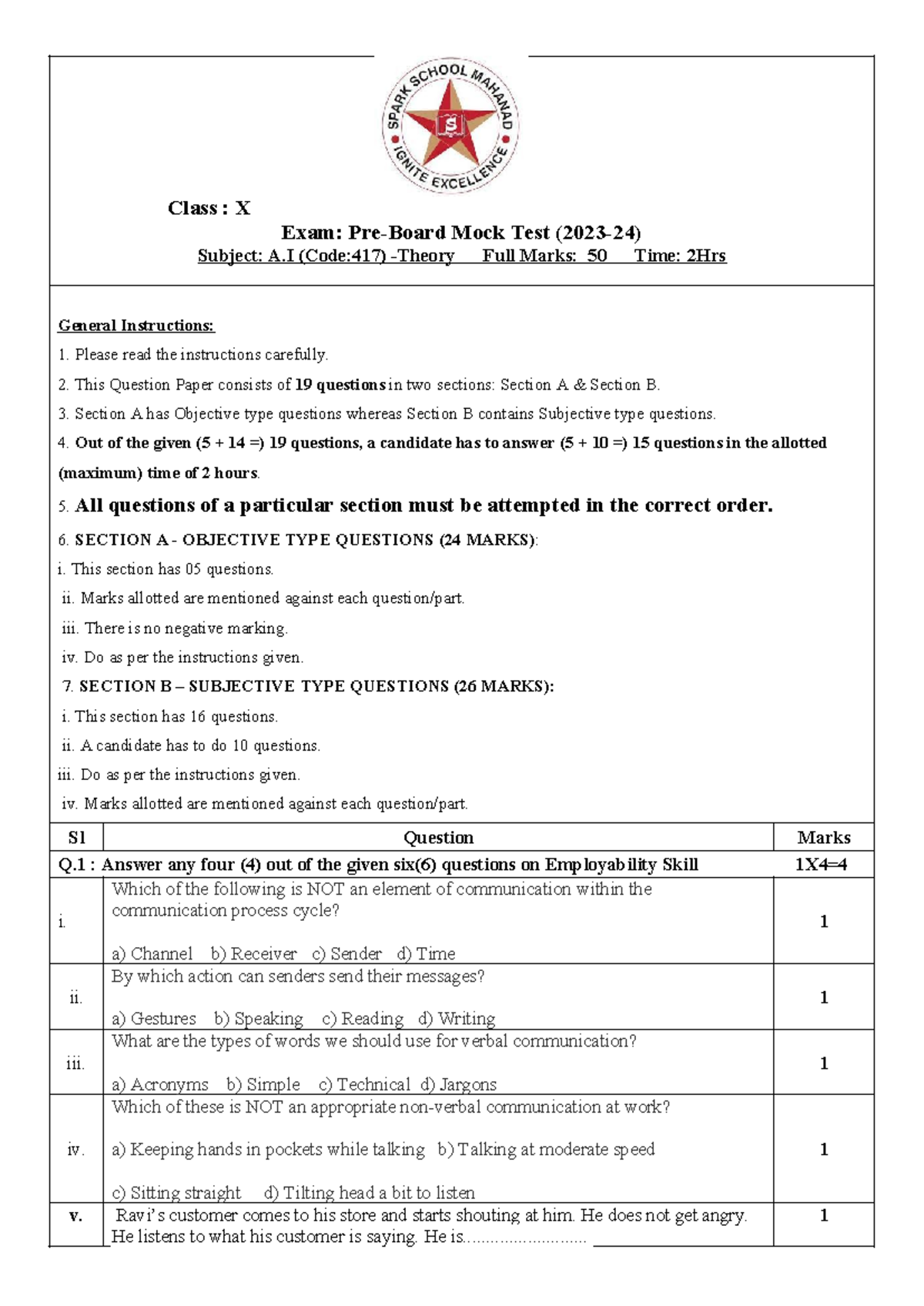 X AI Set 2 - Question paper - Class : X Exam: Pre-Board Mock Test (2023 ...