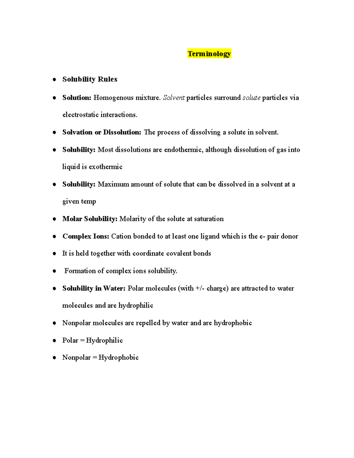 Gen chem unit 2 gen chem note Terminology Solubility Rules Solution