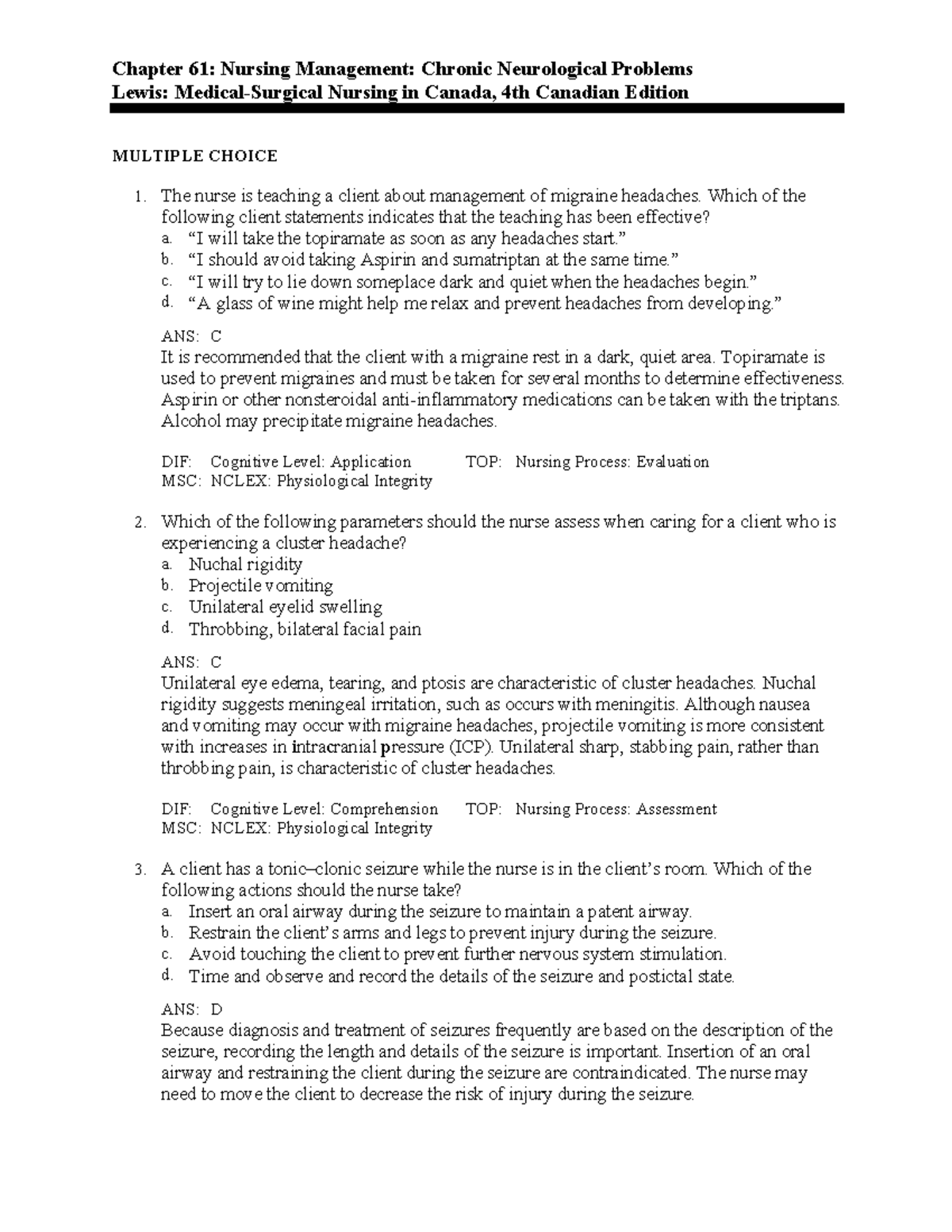 Medsurg chapter 61 - Chapter 61: Nursing Management: Chronic ...