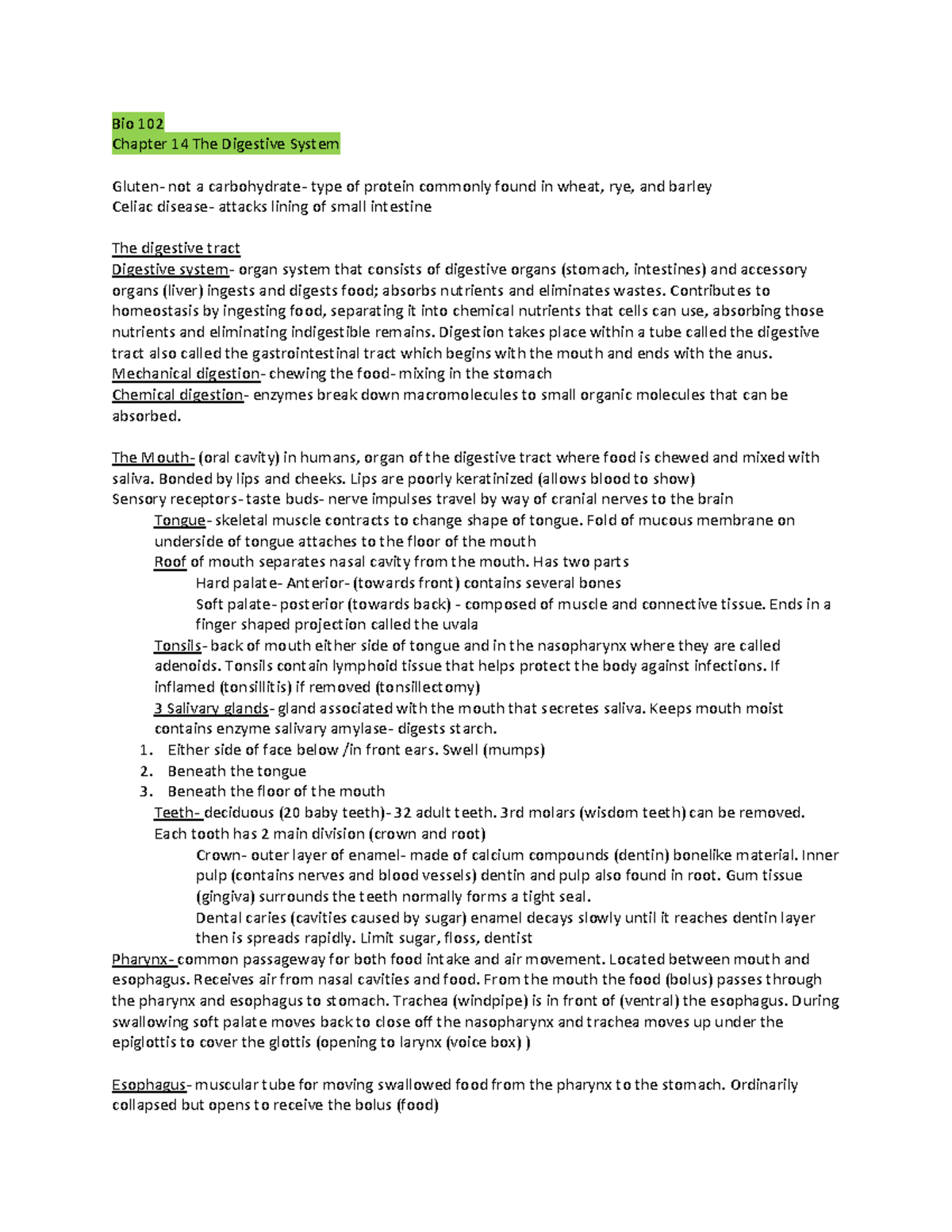 Bio 102. Ch14 Notes - Bio 102 Chapter 14 The Digestive System Gluten ...