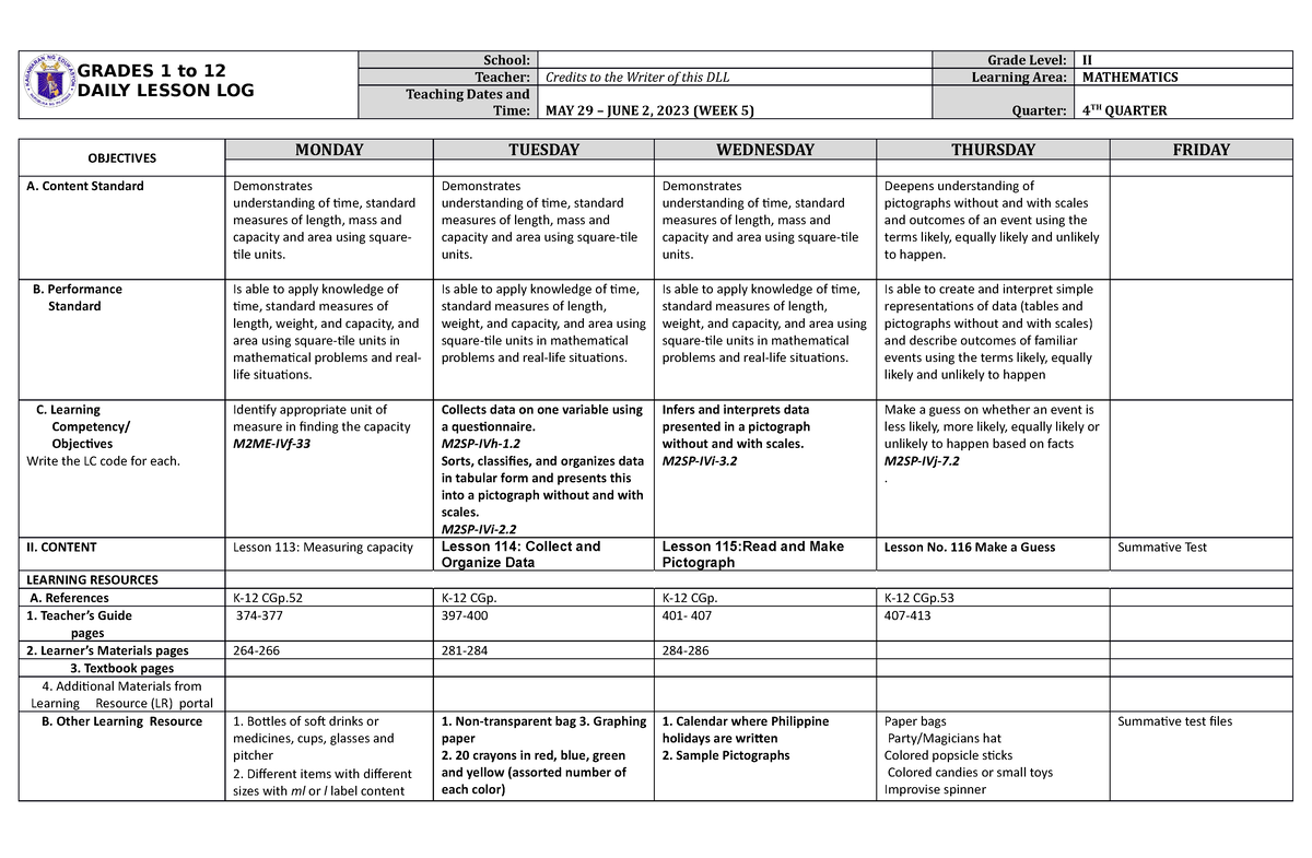 DLL Mathematics 2 Q4 W5 - math - GRADES 1 to 12 DAILY LESSON LOG School ...