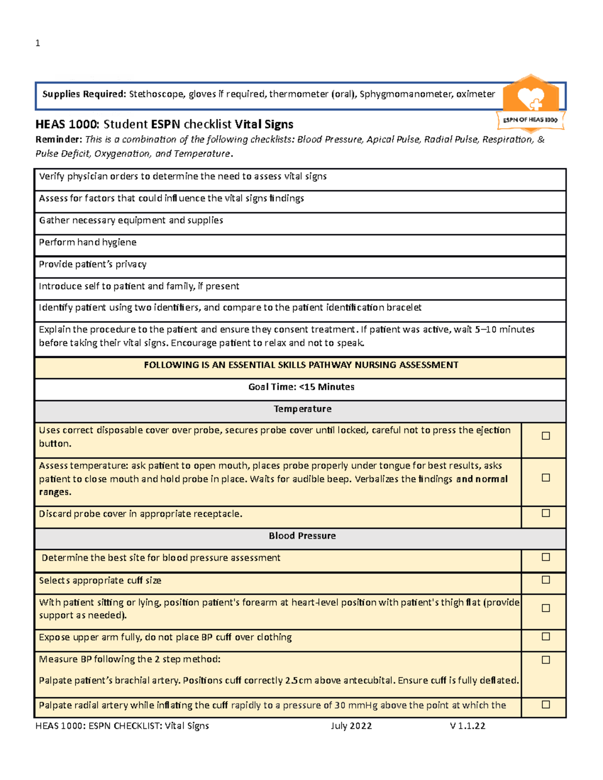 Student HEAS 1000 Vital Signs ESPN checklist - 1 HEAS 1000: Student ...