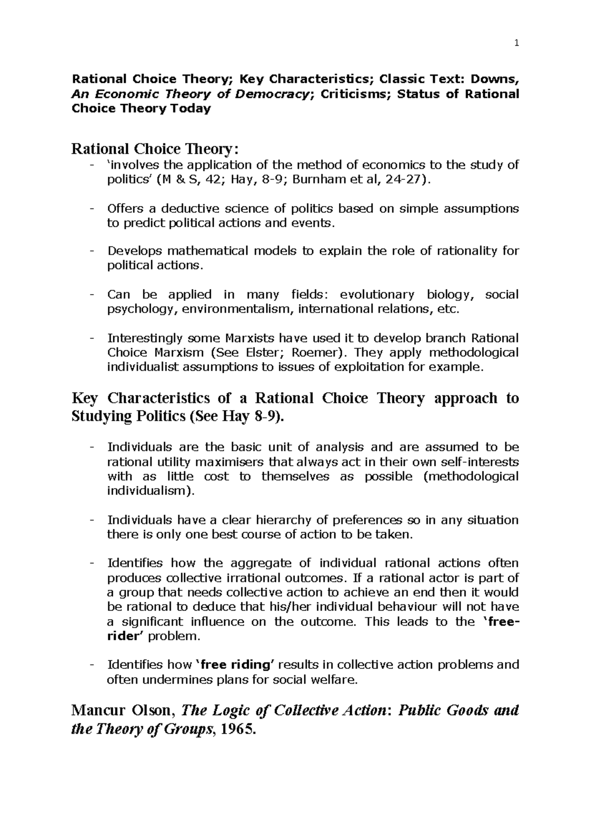 3. Rational Choice Theory - Offers a deductive science of politics ...