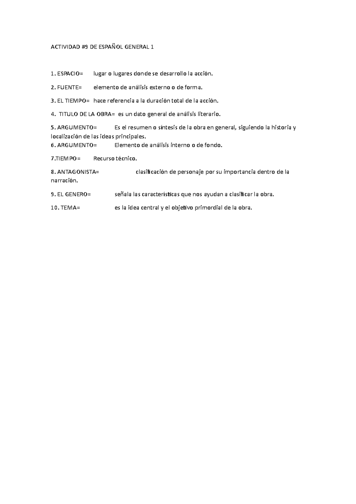 Actividad 9 - ACTIVIDAD #9 DE ESPAÑOL GENERAL 1 ESPACIO= Lugar O ...