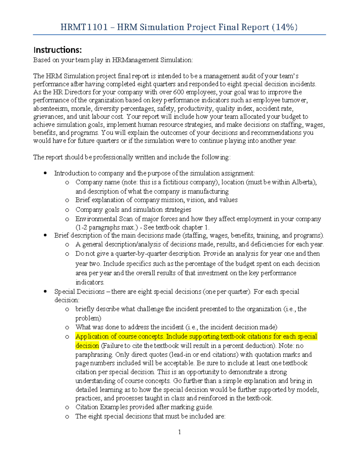 HRMT1101 HRM Simulation Project Final Report (14%) - Instructions ...