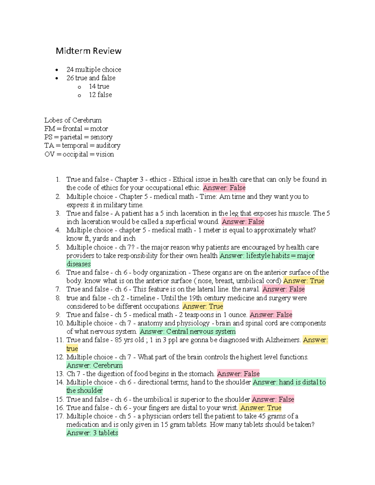 HSC Midterm Review - Guide For Test - Midterm Review 24 Multiple Choice ...