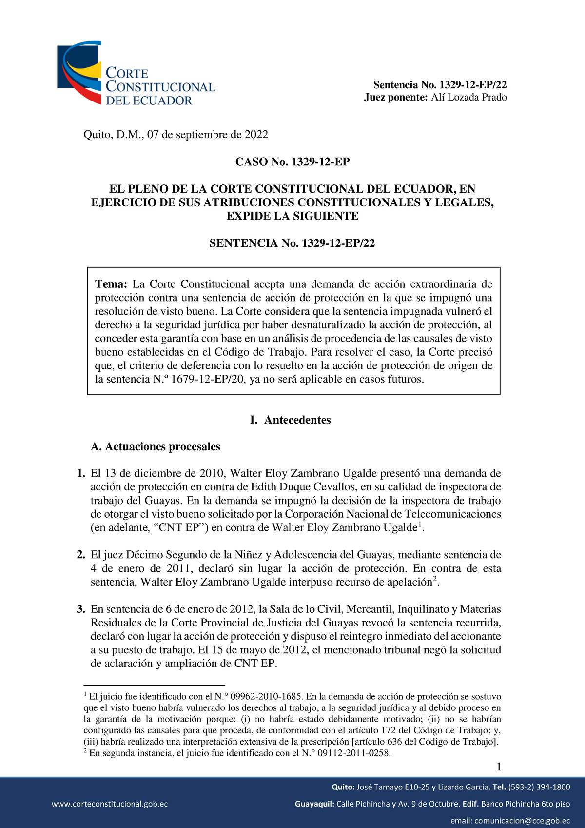 Sentencia Acción Protección - Sentencia No. 1329 - 12 - EP/ Juez ...