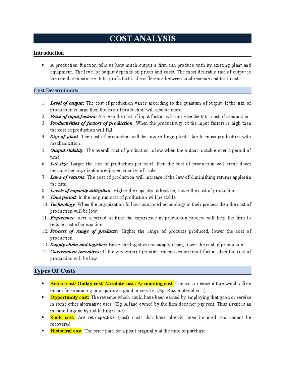 COST Analysis COST ANALYSIS Introduction A production function tells