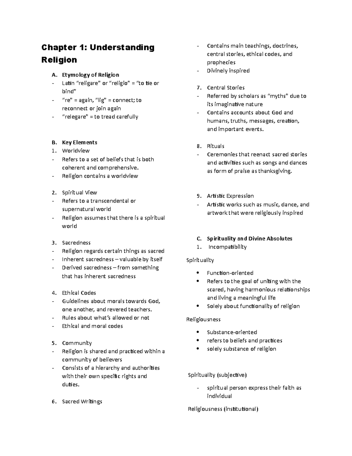 Santos Iwrbs Reviewer Chapter 1 Understanding Religion A