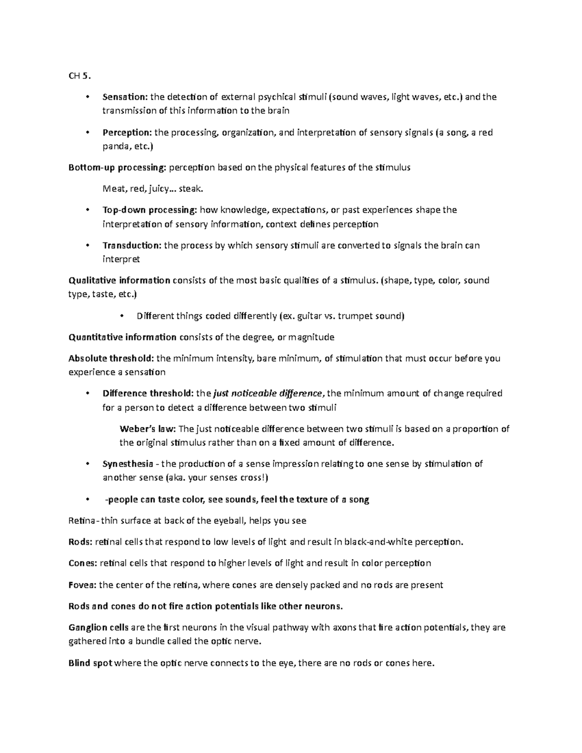 CH 5 - notes from ch 5 - CH 5. Sensation: the detection of external ...