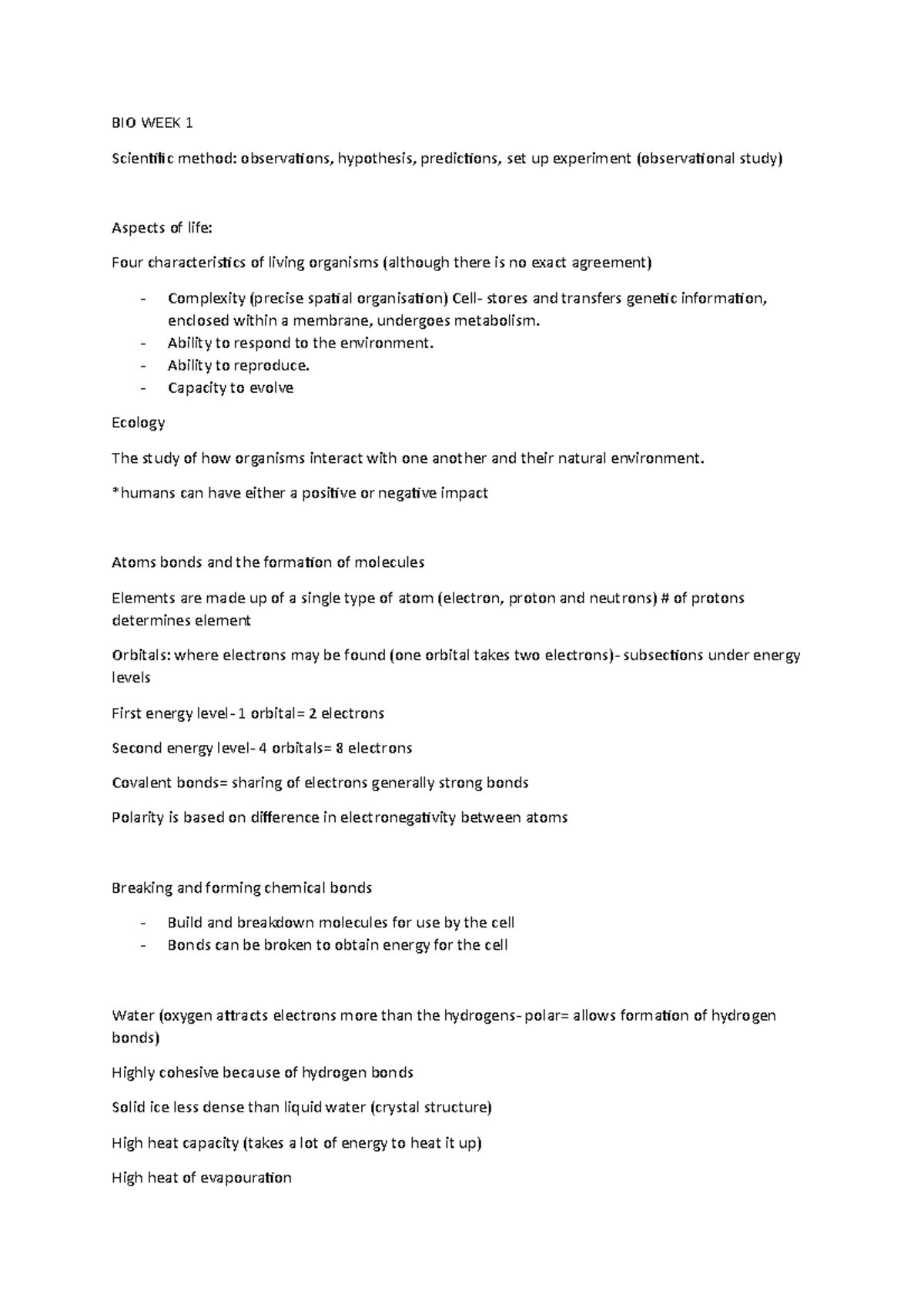 BIO WEEK 1 - Notes bio1011 first week lecture notes - BIO WEEK 1 ...