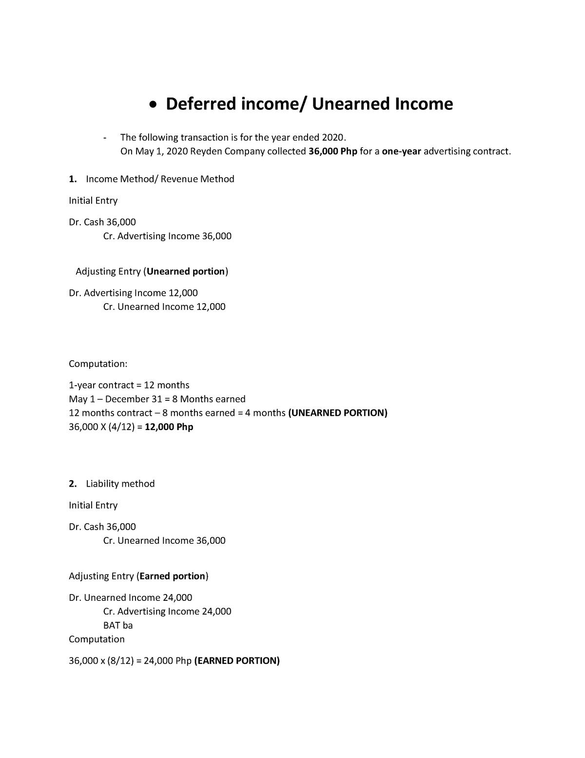 Deferralsandaccruals Deferred Unearned The following