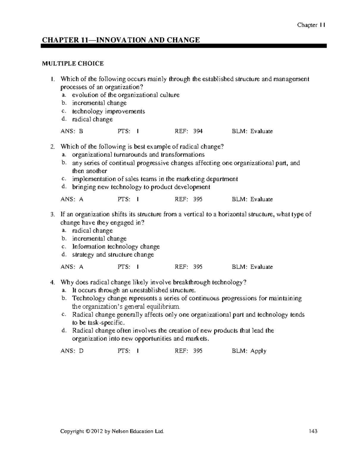 Chapter 11 MC - CHAPTER 11—INNOVATION AND CHANGE MULTIPLE CHOICE 1 ...