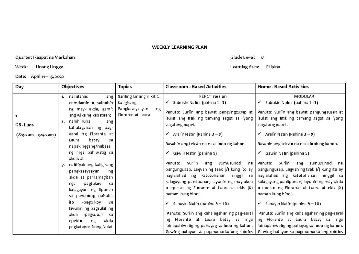 Weekly Learning Plan Filipino 8 - WEEKLY LEARNING PLAN Quarter: Ikaapat ...