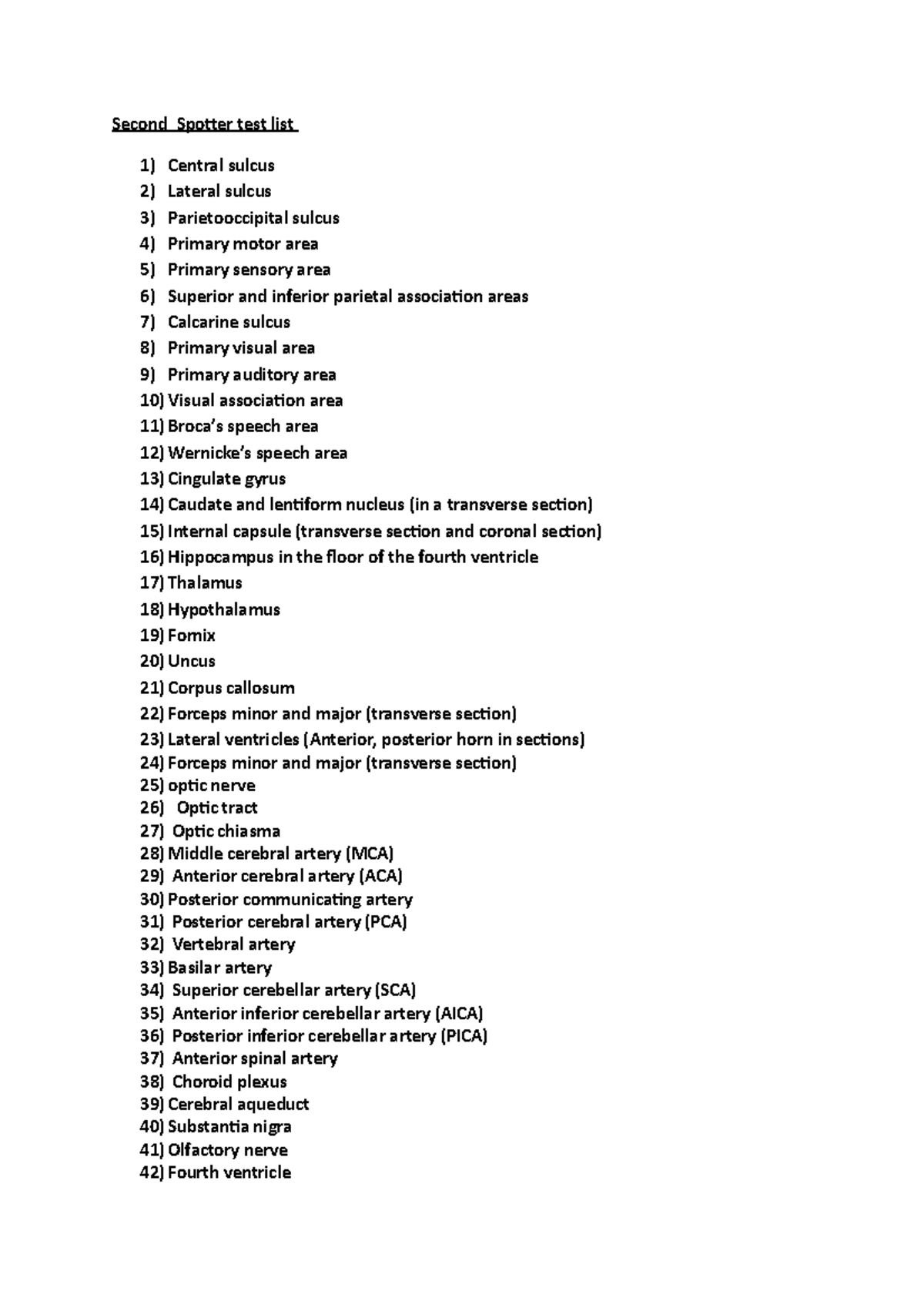 Second Spotter test list 2019 - Second Spotter test list Central sulcus ...