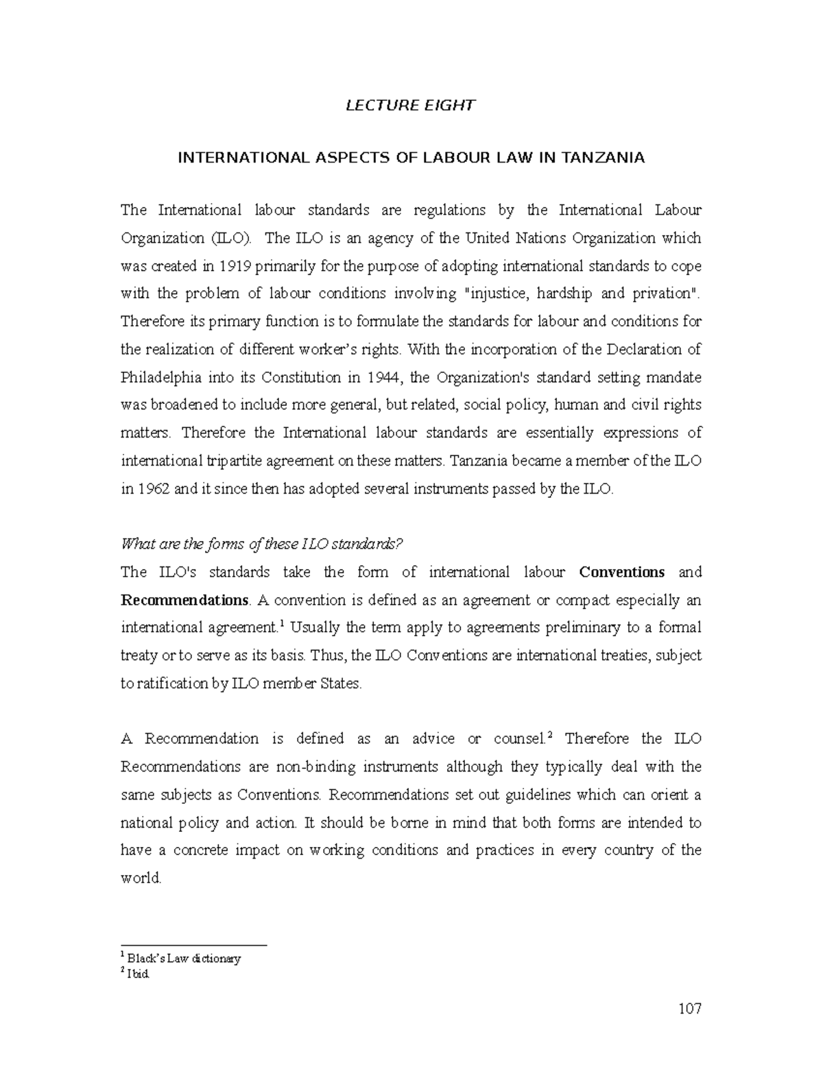 International aspects of labour law in tanzania lecture eight