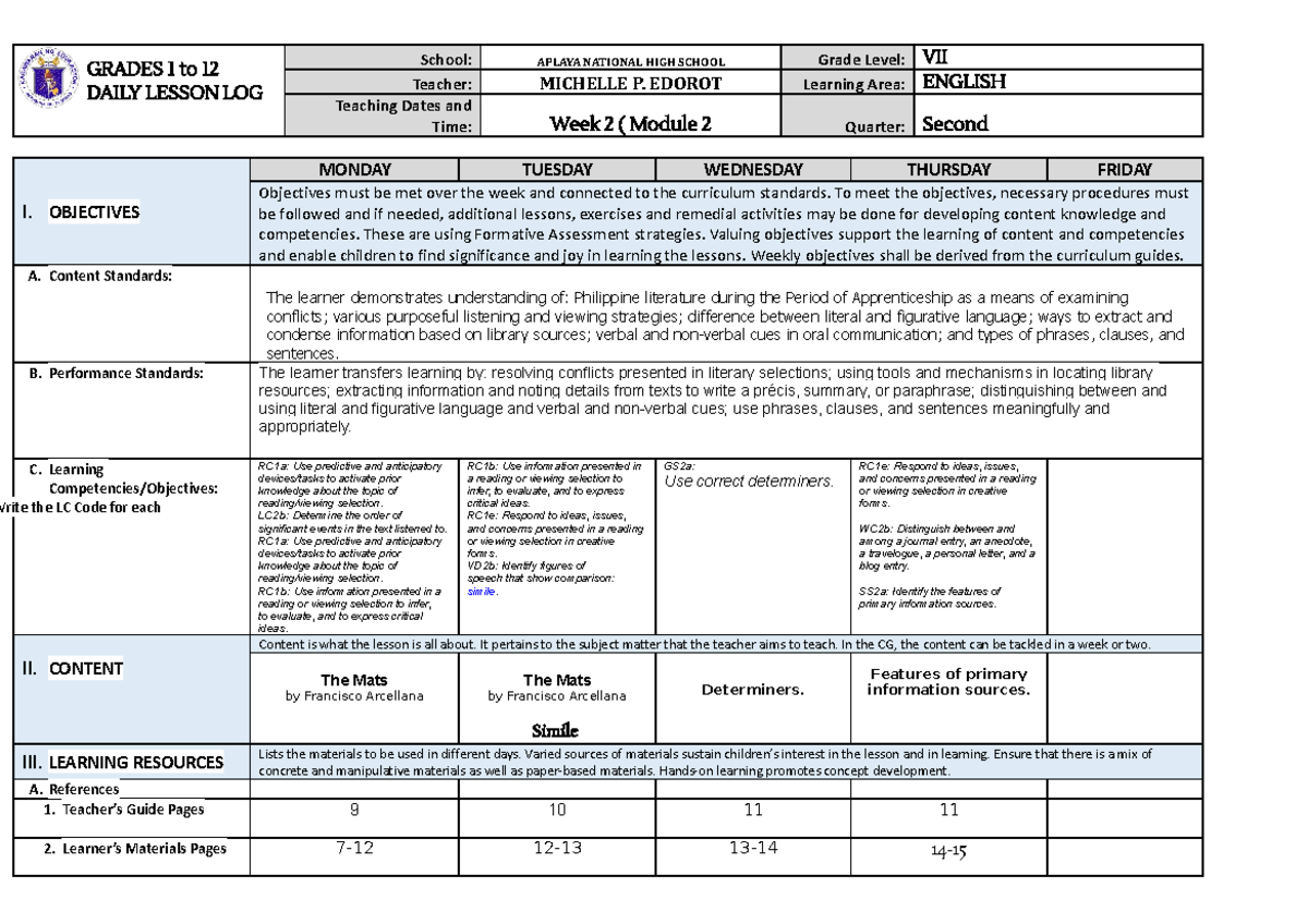 DLL 2nd Quarter wk2 docx - GRADES 1 to 12 DAILY LESSON LOG School ...