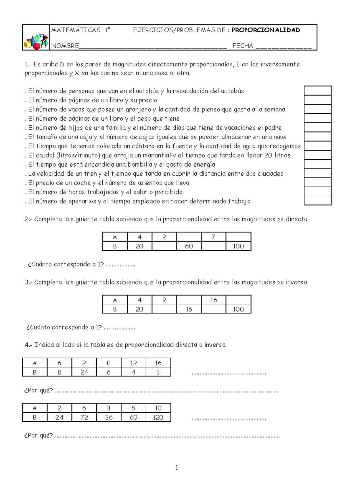 Proporcionalidad 1 ESO - MATEMÁTICAS 1º EJERCICIOS/PROBLEMAS DE ...