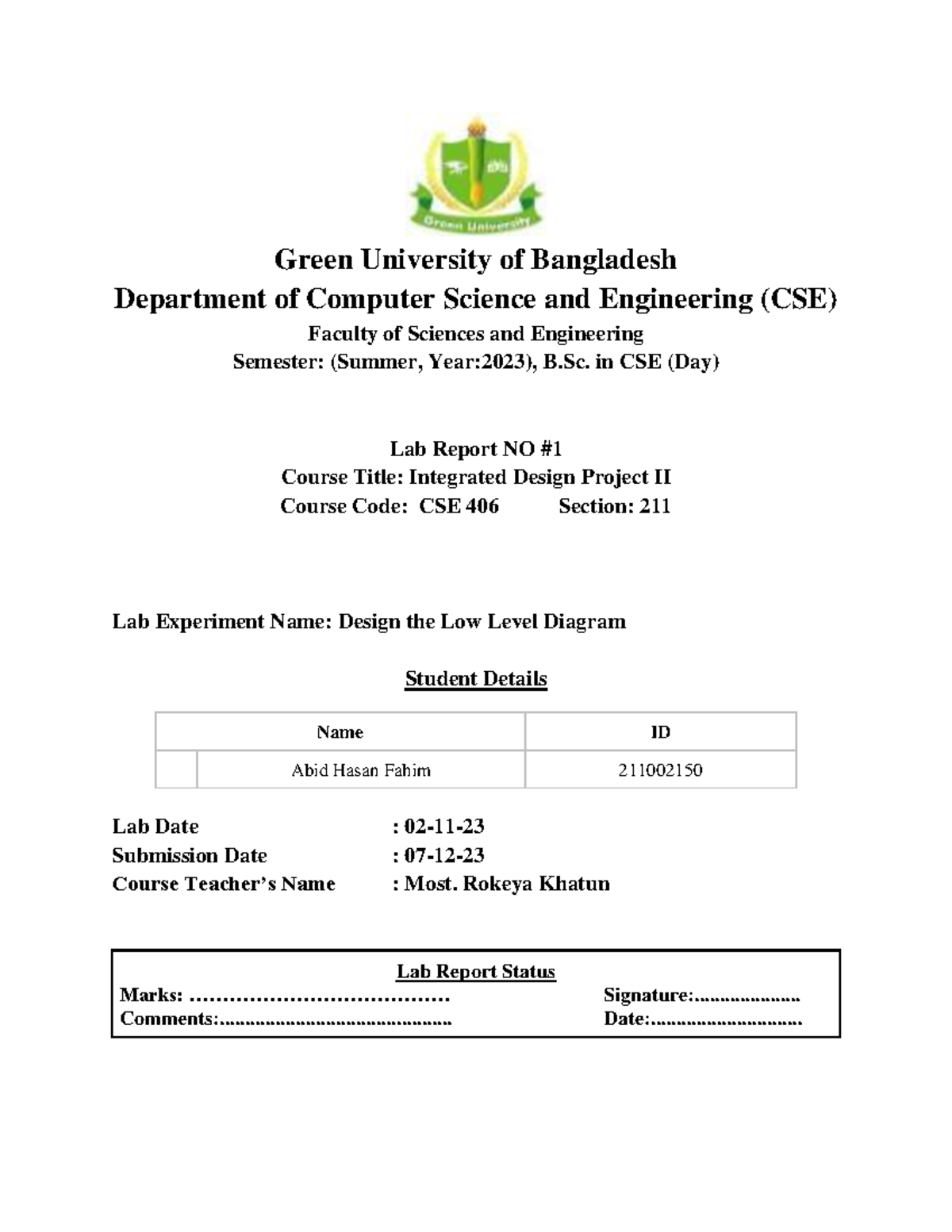 IDP II Lab Report 1 - Green University Of Bangladesh Department Of ...