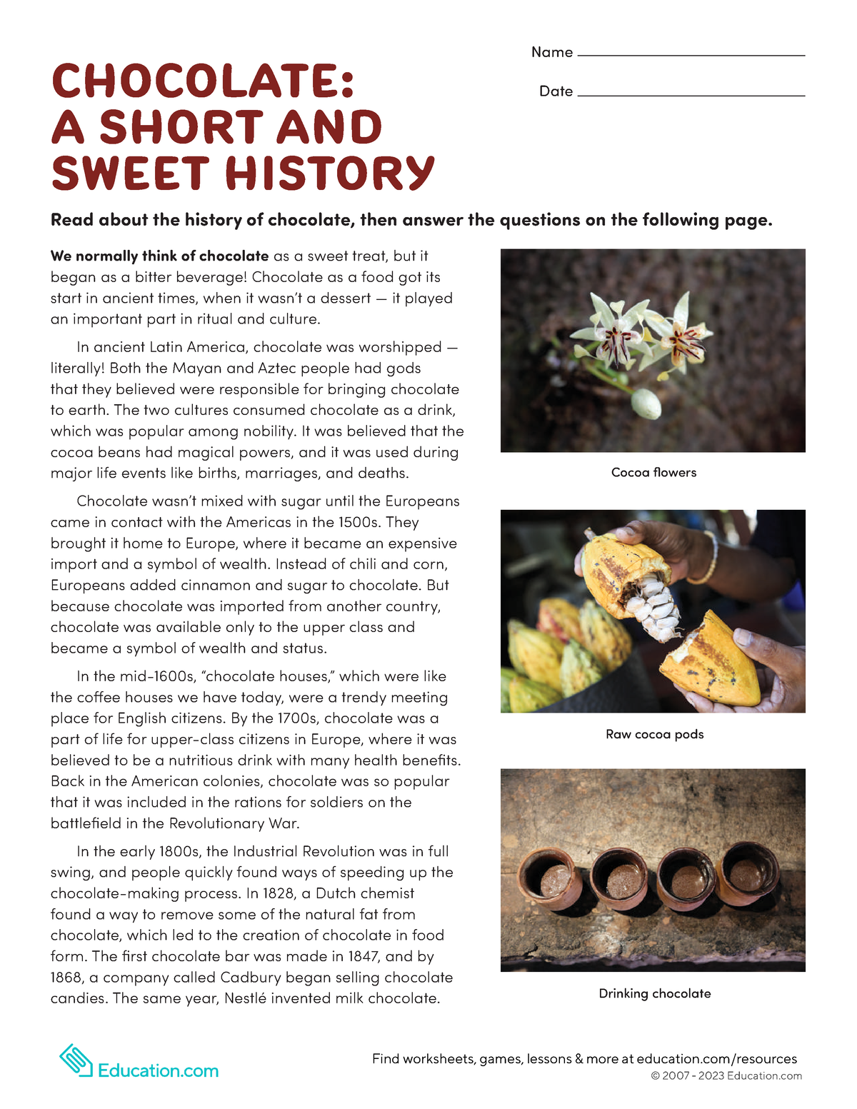 the history of chocolate worksheet
