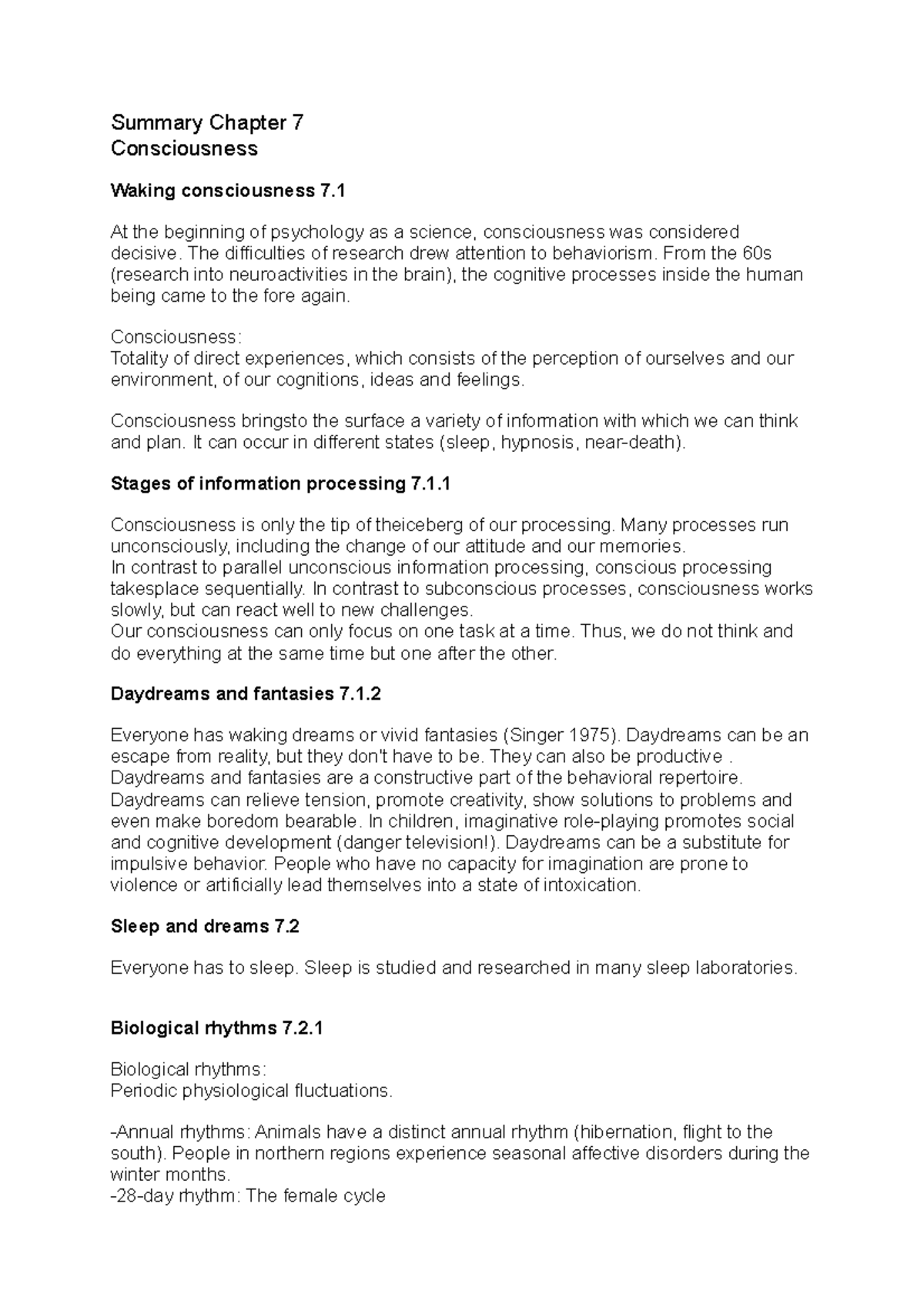 Summary Chapter 7 - Consciousness (part 1) - Summary Chapter 7 ...