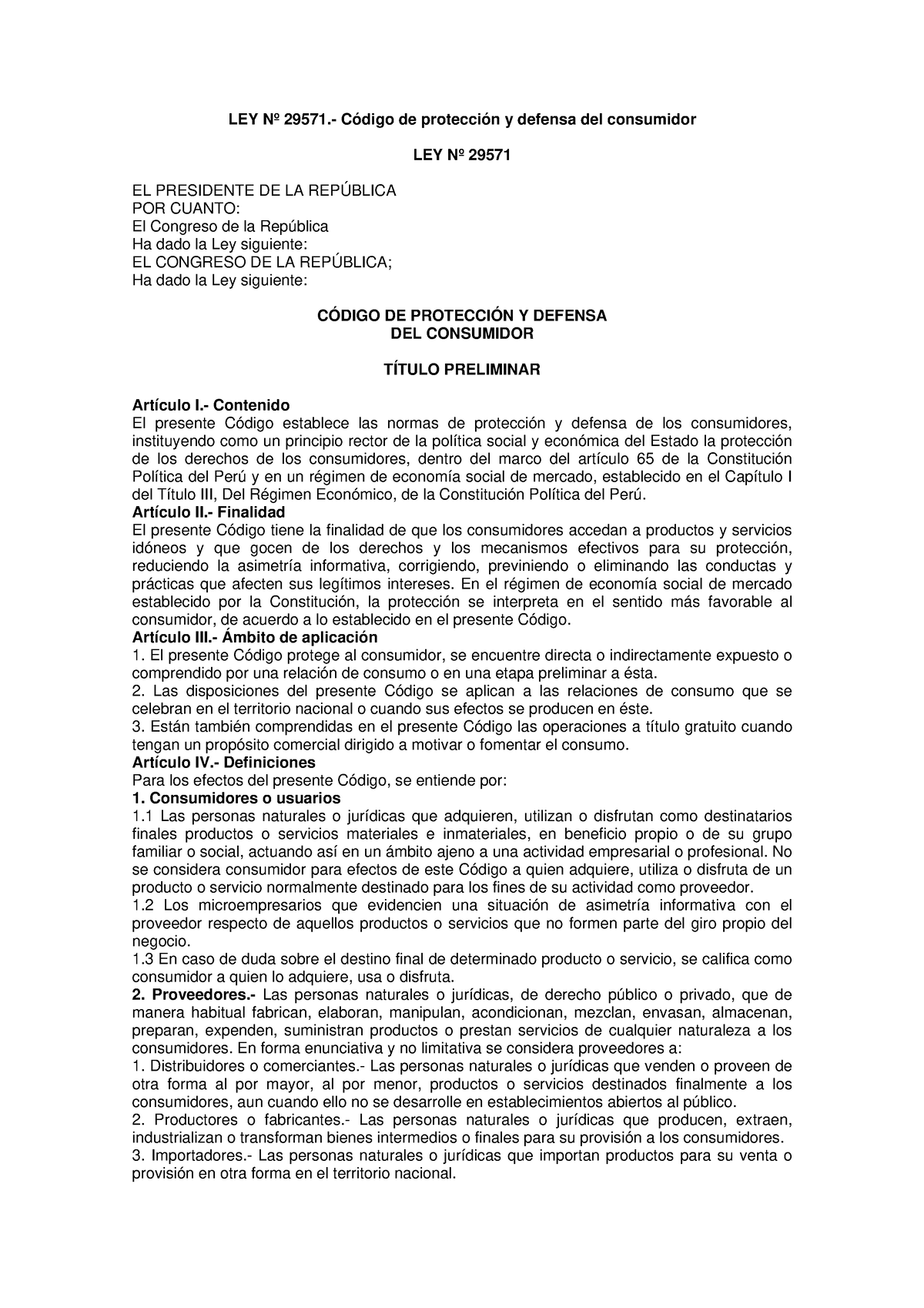 COdigo De Protecci On Y Defensa Del Consumidor - LEY Nº 29571.- Código ...