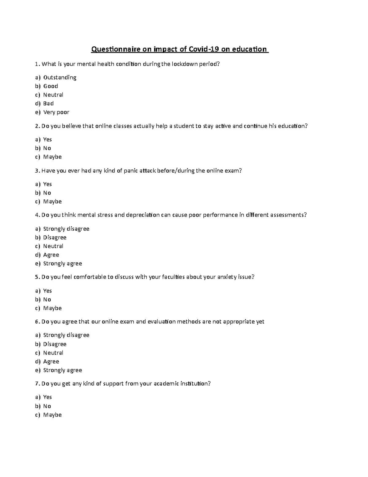 Questionnaire - cghmu - Questionnaire on impact of Covid-19 on ...