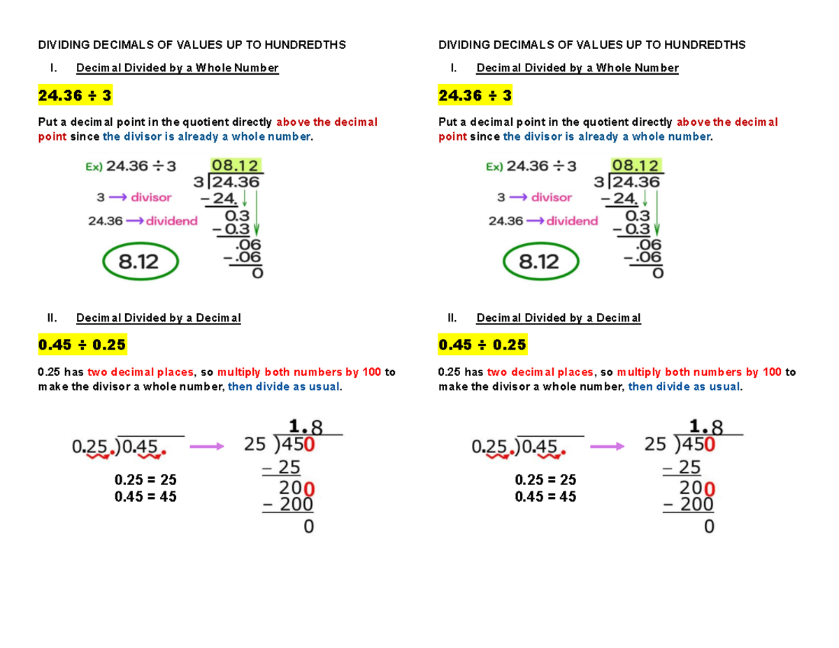 Dividing Decimals Notes - DIVIDING DECIMALS OF VALUES UP TO HUNDREDTHS ...