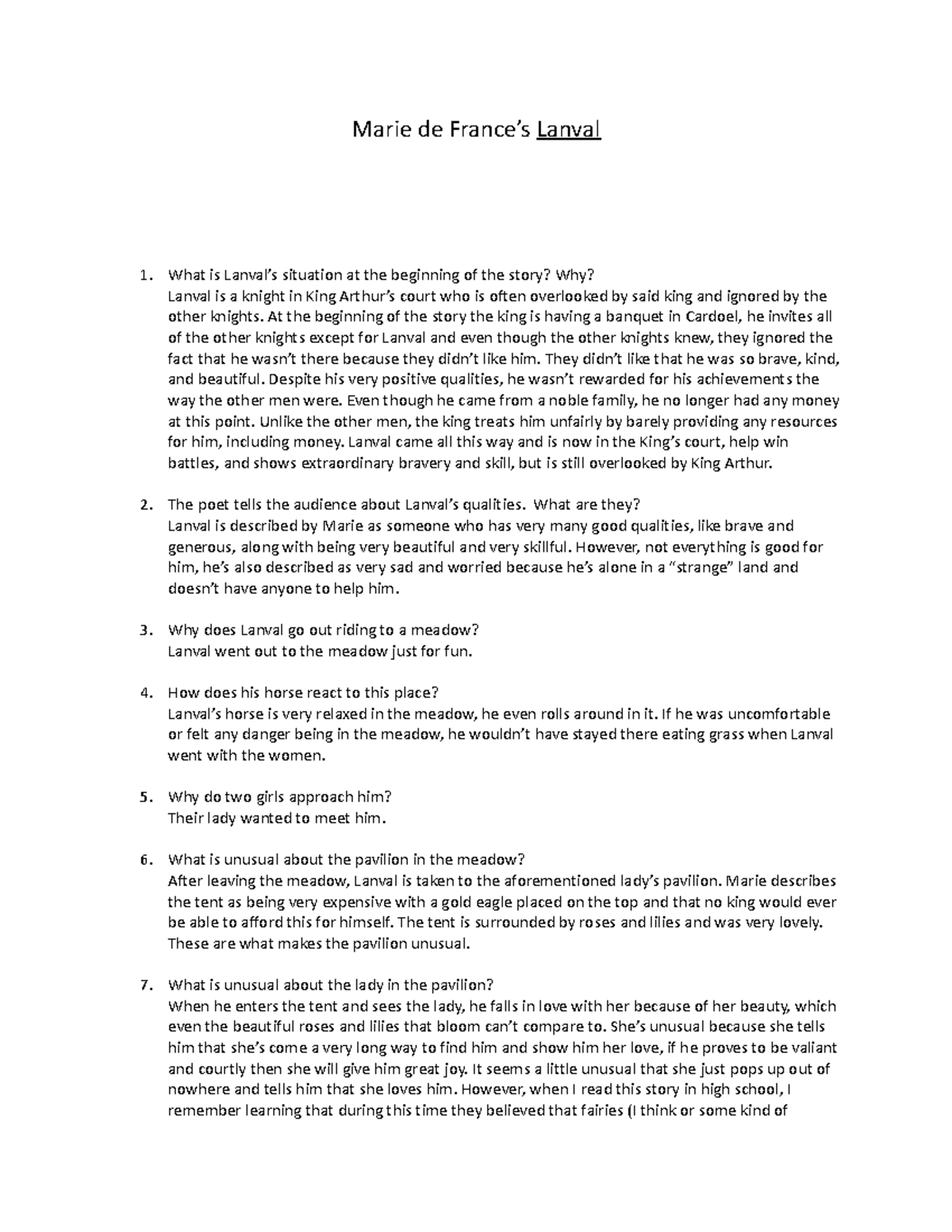 Lanval ENGL Notes for Class Marie de France’s Lanval What is