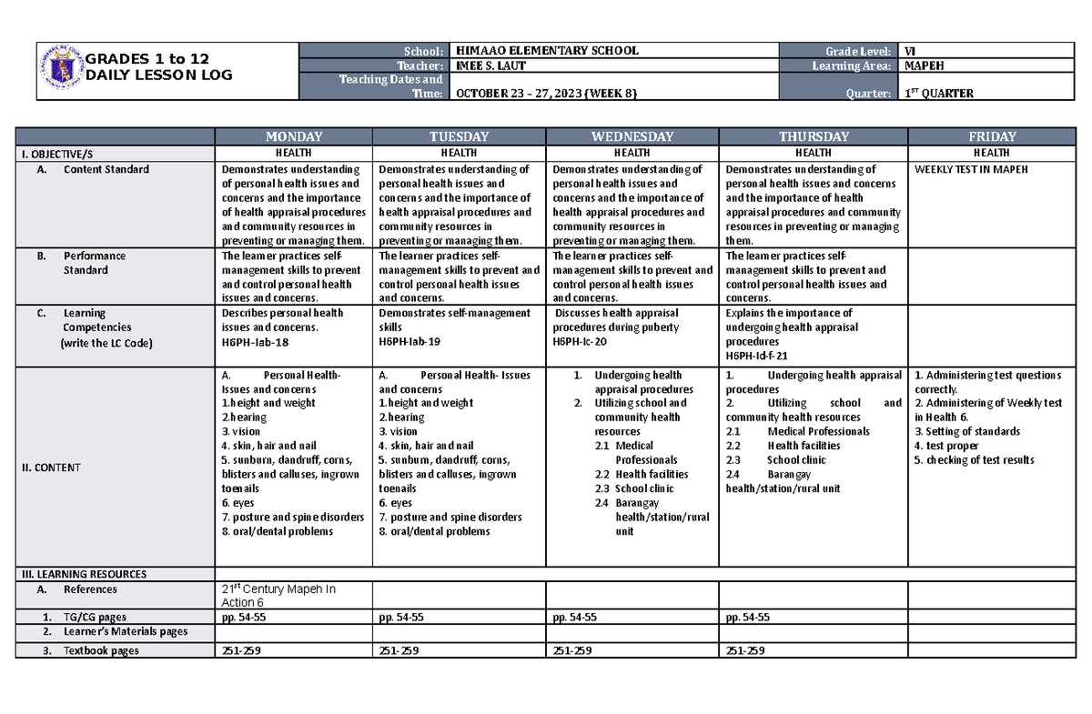 DLL Mapeh 6 Q1 W8 - none - GRADES 1 to 12 DAILY LESSON LOG School ...