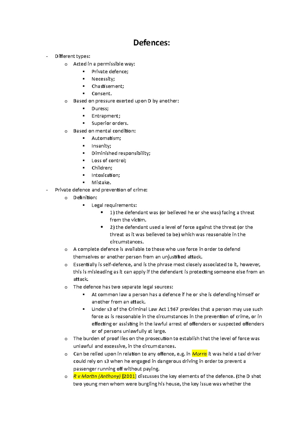 Criminal Law Defences Lecture Notes - Defences: Different types: o ...