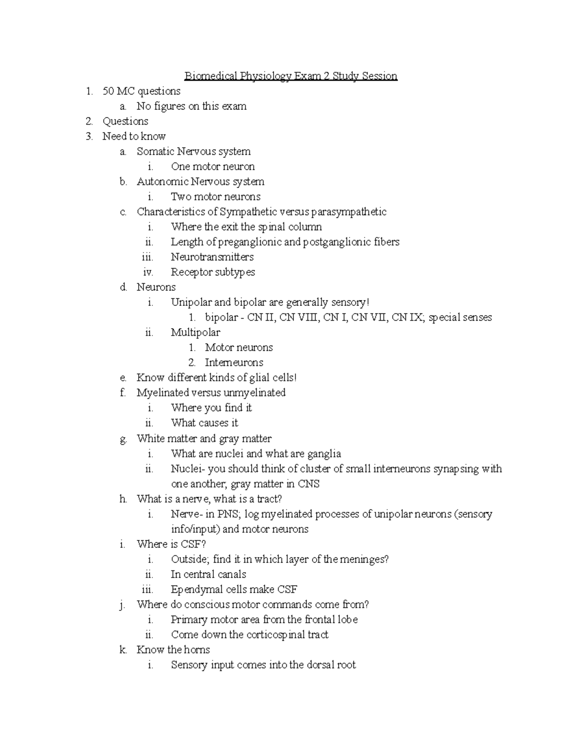 Biomed PHYS EXAM 2 Study Session Biomedical Physiology Exam 2 Study