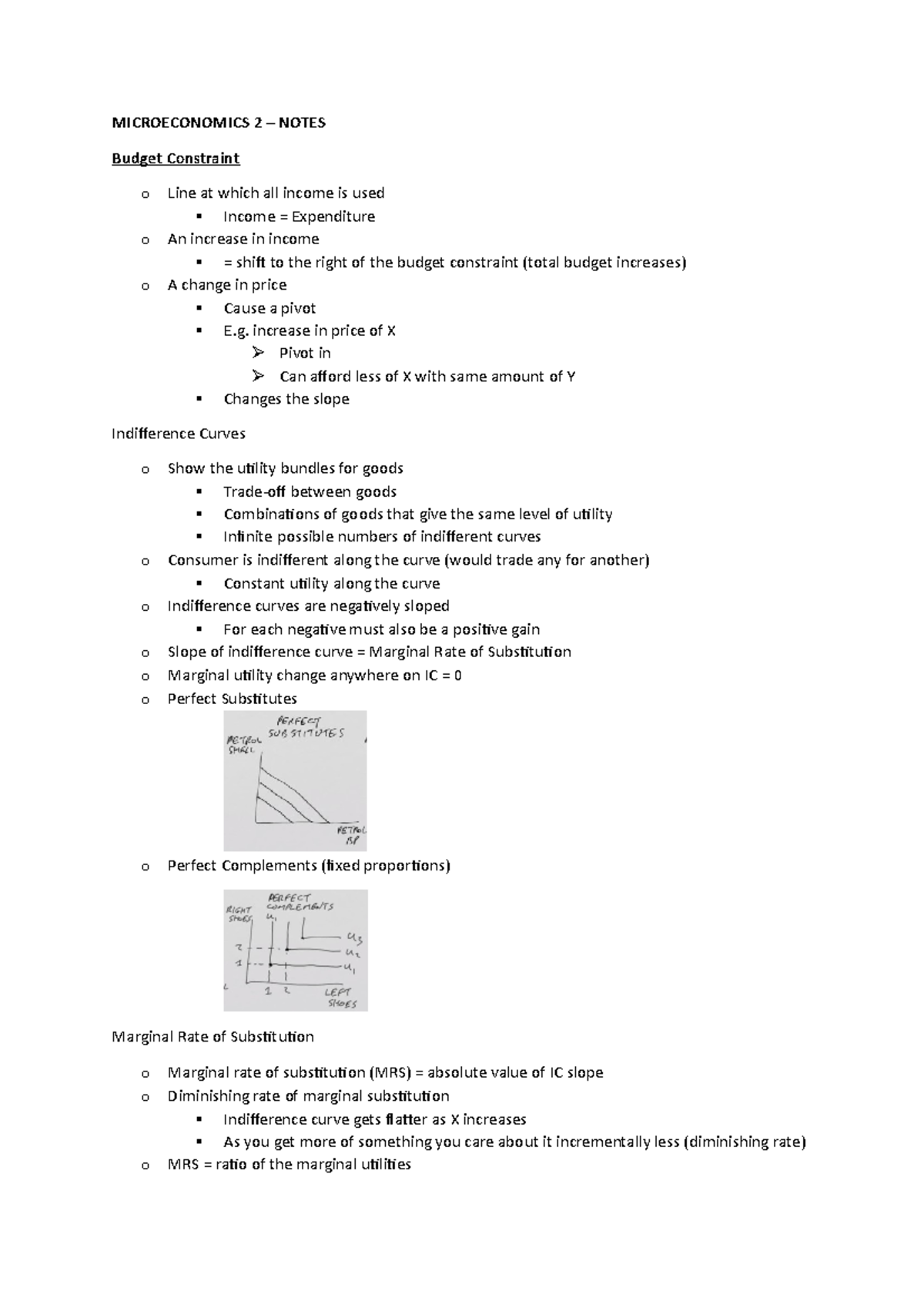 Microeconomics 2 Summary Notes - MICROECONOMICS 2 – NOTES Budget ...
