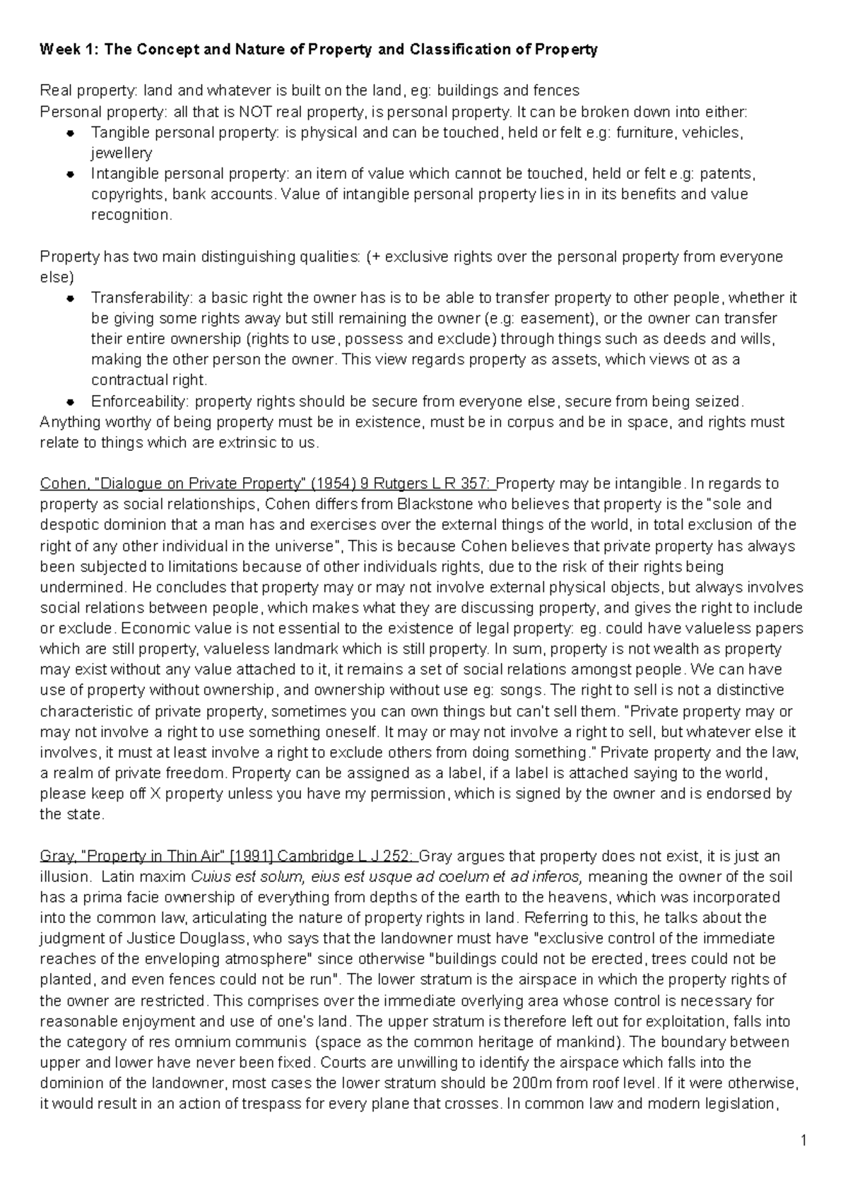 Personal Property Notes - Week 1: The Concept and Nature of Property ...