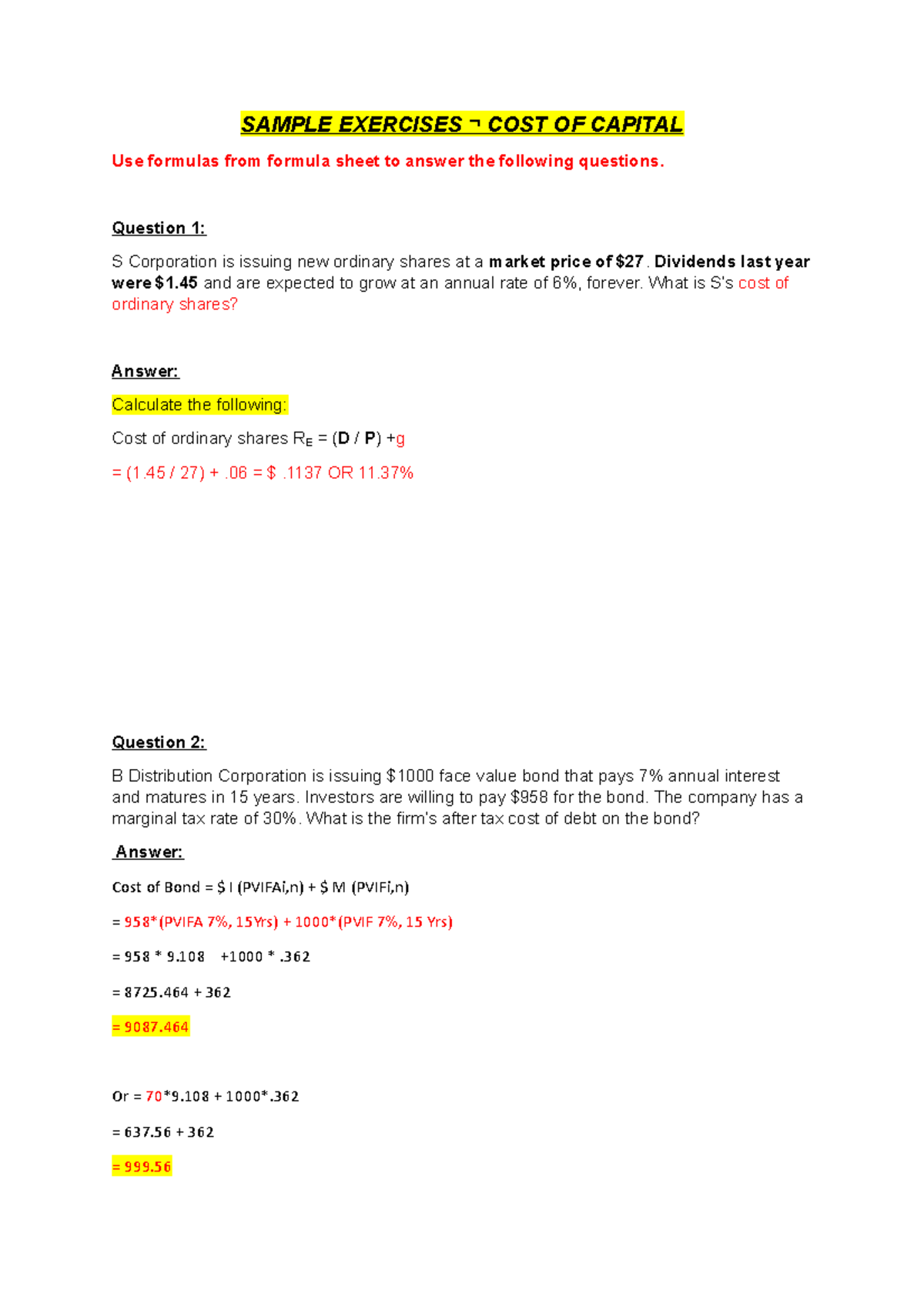 Solution of tax - SAMPLE EXERCISES ¬ COST OF CAPITAL Use formulas from ...