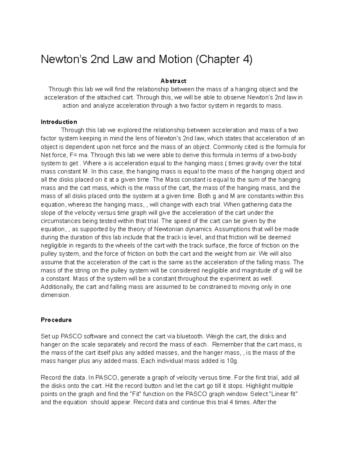 (Newton's 2nd Law And Motion) Mini Lab Report - Newton’s 2nd Law And ...