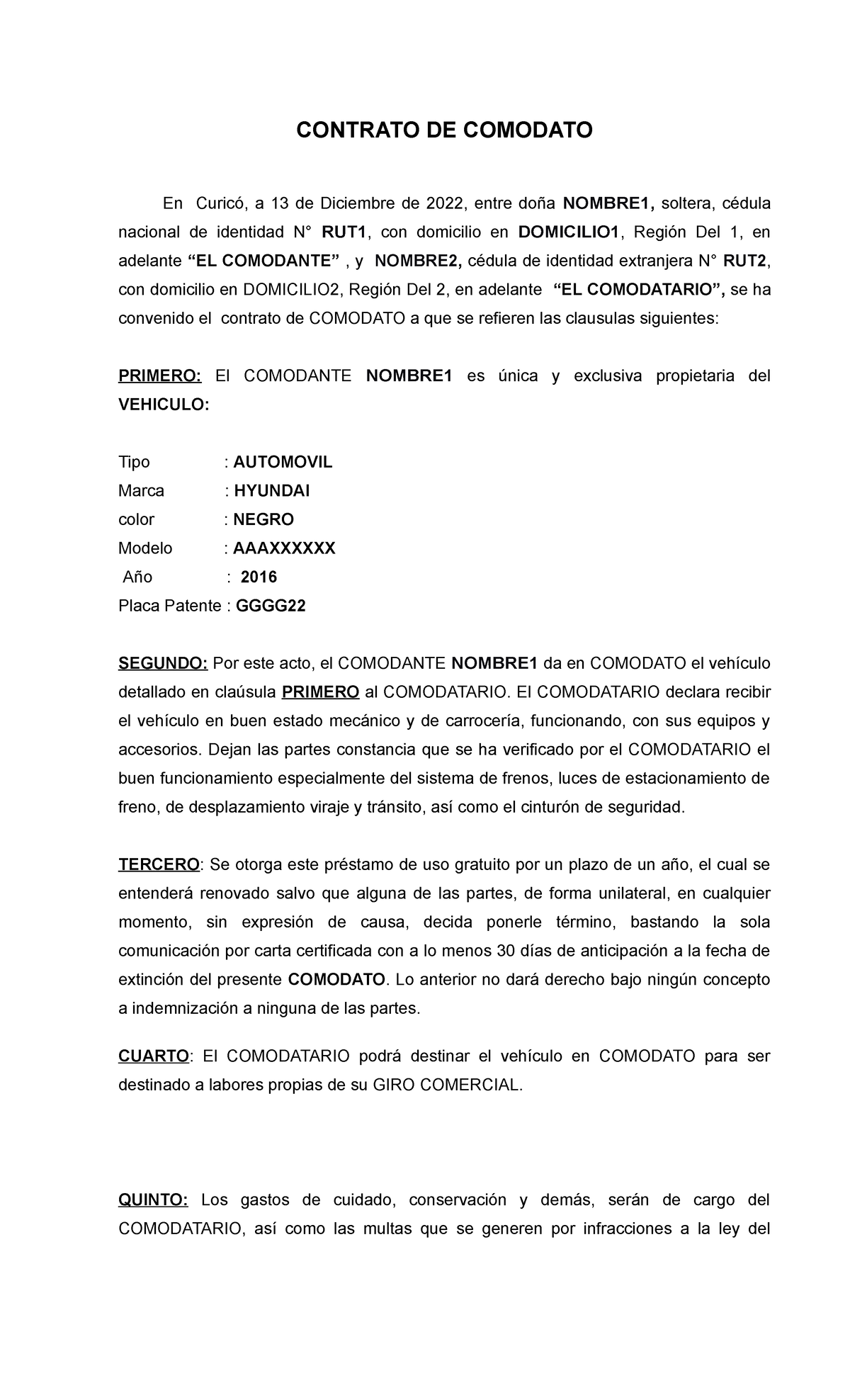 Contrato Comodato Vehiculo Contrato De Comodato En Curicó A 13 De Diciembre De 2022 Entre 9410