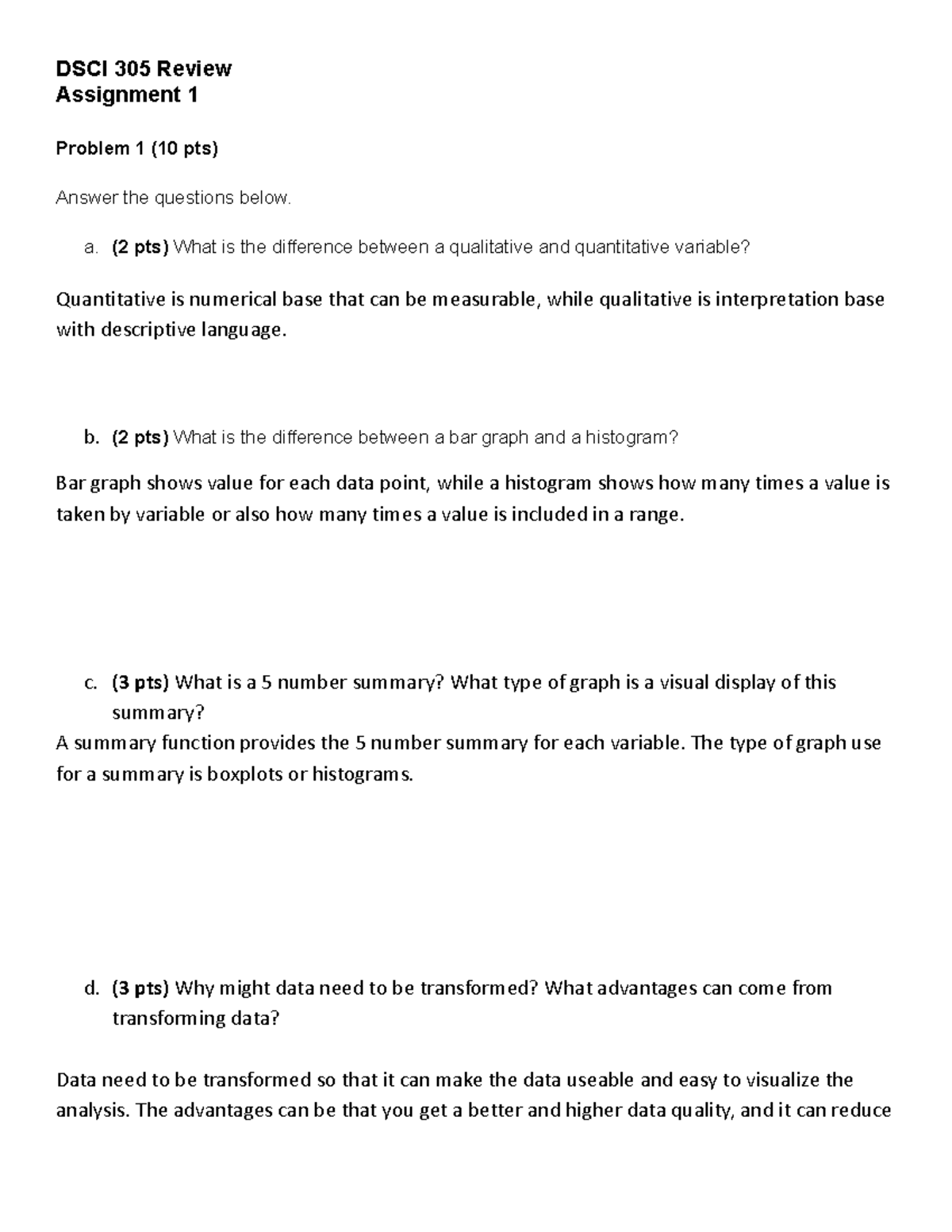 Assignment 1 - DSCI 305 Review Assignment 1 Problem 1 (10 pts) Answer ...