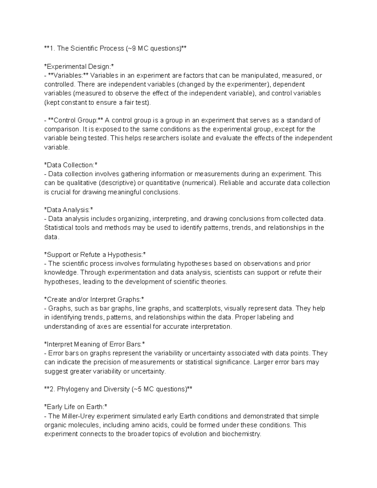 Notes - 1. The Scientific Process (~9 MC questions) Experimental Design ...