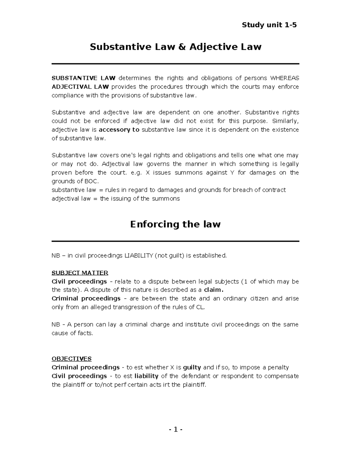 CIP2601 unit 1 5 Law of Civil Procedure Substantive Law & Adjective