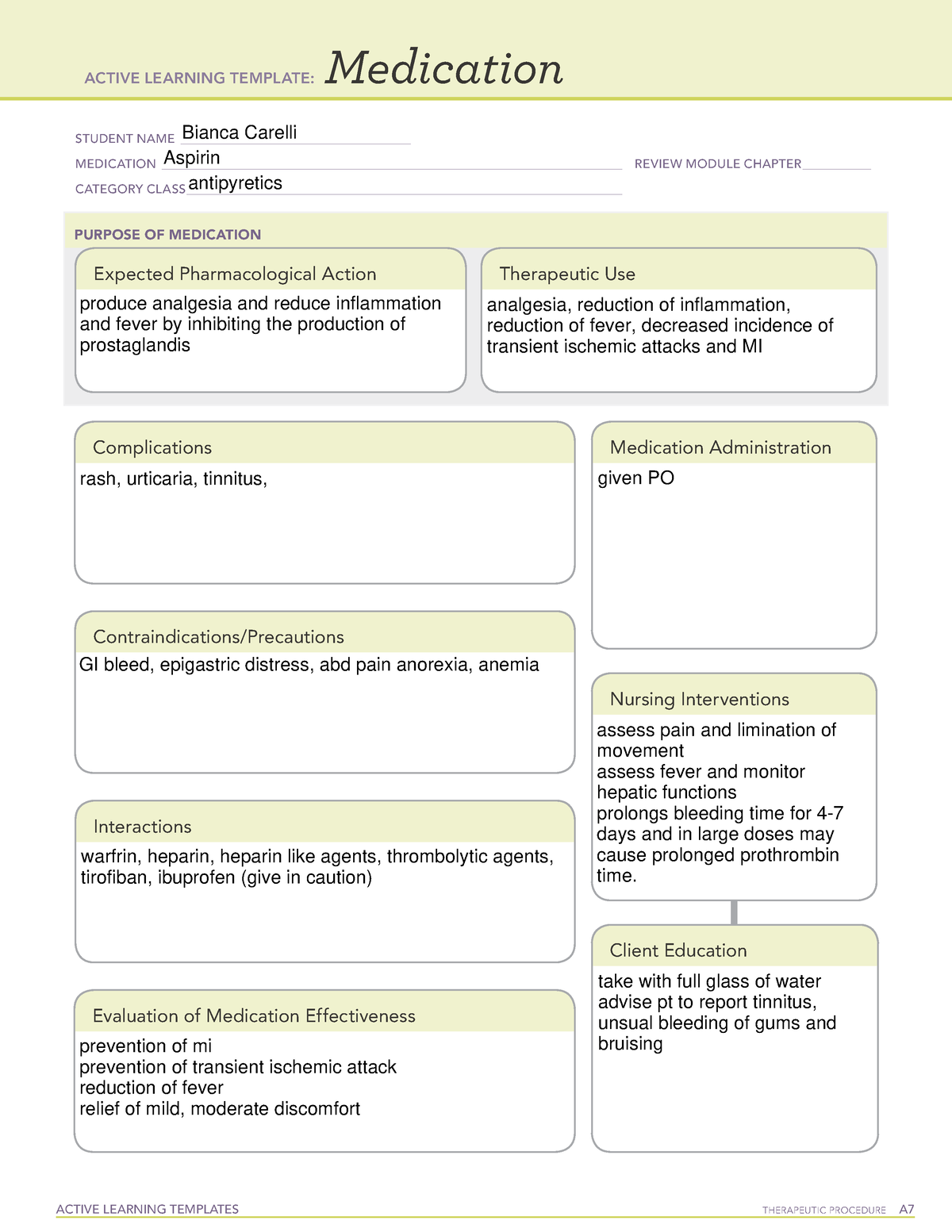Aspirin Medication Template ACTIVE LEARNING TEMPLATES THERAPEUTIC