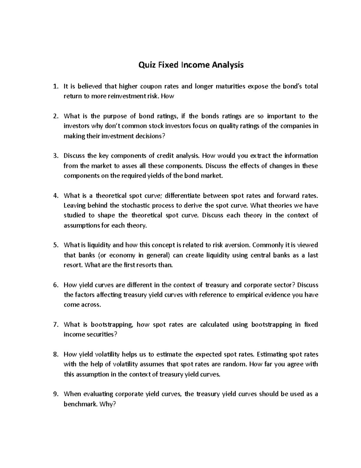 Quiz December 2019, questions - Quiz Fixed Income Analysis It is ...