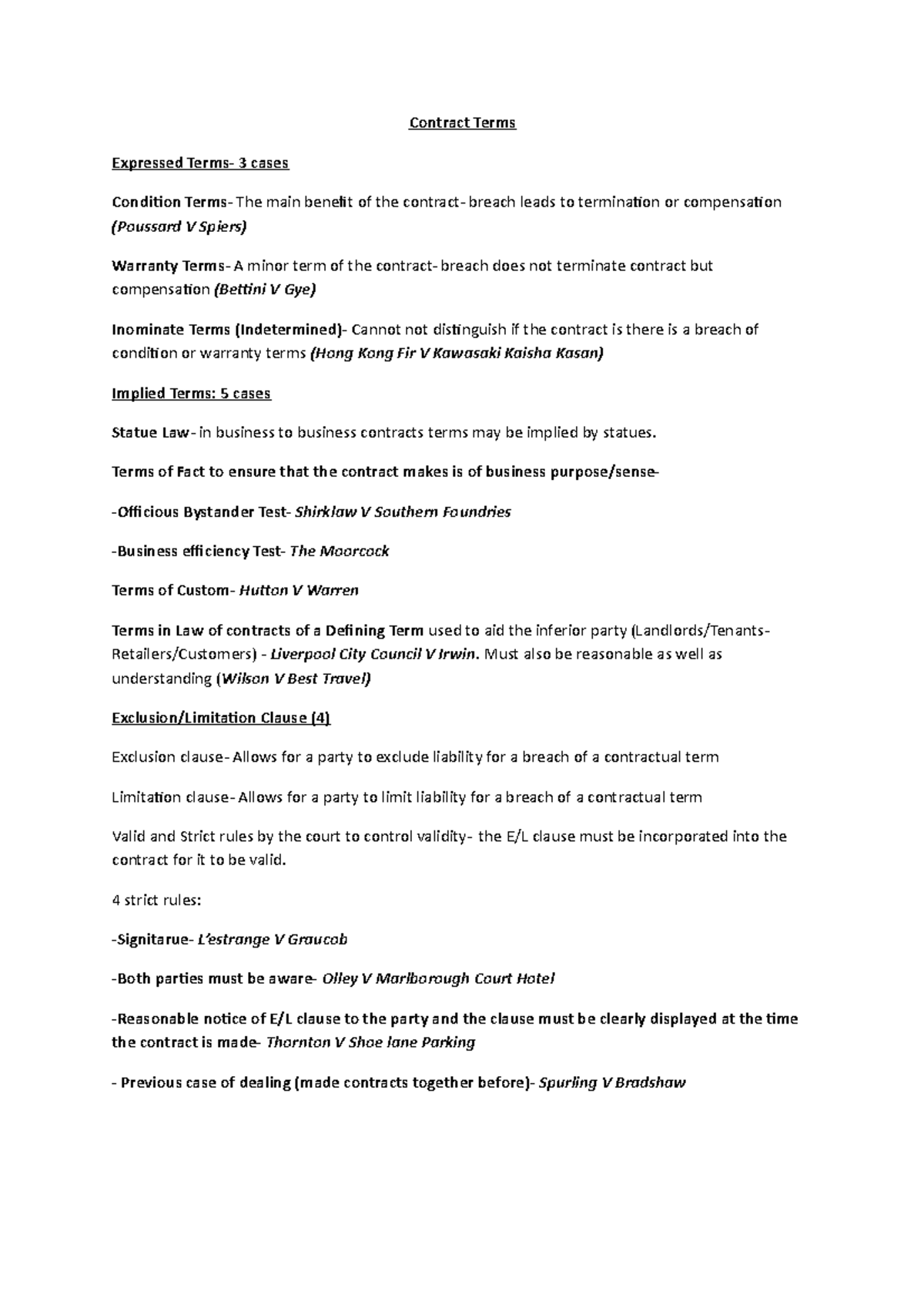 Contract Terms cases - Simple notes, perfect for seminars or exam prep ...