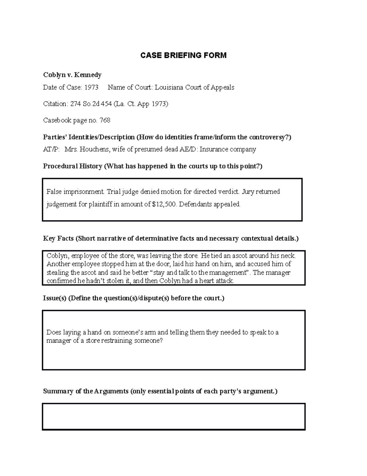 Coblyn v. Kennedy's, Inc. - CASE BRIEFING FORM Coblyn v. Kennedy Date ...