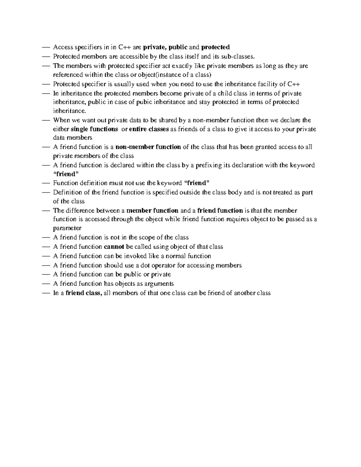 Friend Function - NOTES - Access specifiers in in C++ are private ...