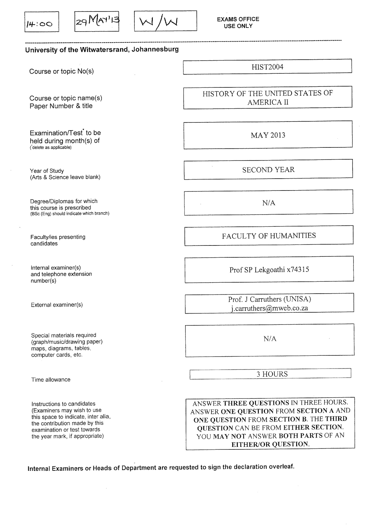 HIST2004-3 - past paper - LAWS2013 - Wits University - Studocu