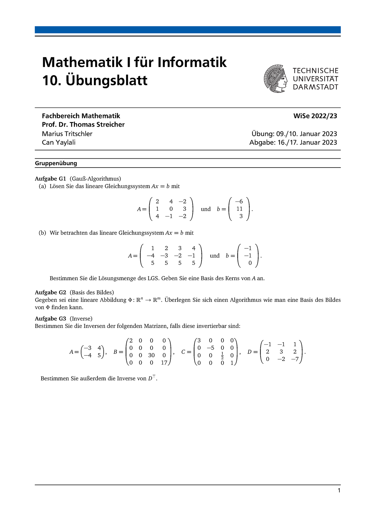 Uebung 10 - Mathematik I Für Informatik 10. Übungsblatt Fachbereich ...